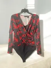 Size L Tahari Bodysuit Black Red Sheer Floral Long Sleeve V-Neck Whimsy Goth