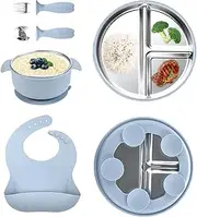 Stainless Steel Toddler Plate with Suction, Divided Suction Baby Feeding Plate with Fork Spoon Bib Bowl, Dishwasher-Safe Tableware Led Weaning Supplies Utensils for High Chair Indoor Outdoor Table