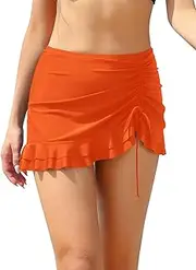 [SHEKINI] Women's Side Drawstring Swim Skirt Ruffled High Waisted Bikini Bottoms Tummy Control Swimsuit Bottom, Orange, XXL
