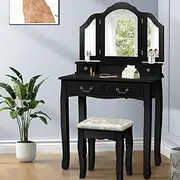 ALFORDSON Dressing Table and Stool Chair Set Black Color, Makeup Vanity Desk with Foldable Tri-fold Mirror, Dresser Organiser for Women Bedroom Dress Room