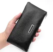 Mens Genuine Leather Phone Zipper Pocket Long Wallet Clutch Coin Purse Wallet Men's Long Wallet L-Shaped,Black