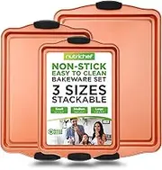 NutriChef 3 Piece Baking Pan Set - PFOA, PFOS, PTFE Free Flexible Nonstick Carbon Steel Bakeware Set - Home Kitchen Bake Pan Cookie Sheet Stackable Baking Tray Set w/Red Silicone Handles NCSBS3S45
