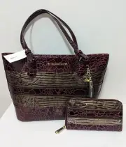 Brahmin Medium Asher Satchel Boysenberry Churchill Leather Tote Bag w/Wallet Set