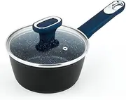 16cm Nonstick Saucepan with Lid, Pot with Blue Granite Coating, Non-Stick Small Sauce Pan with Heat Resistant Handle, Kitchen Cooking Pot, Suitable for All Stoves, Easy to Clean, PFOA Free