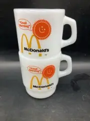 2 Vtg Fire King McDonalds Mug Good Morning Coffee Cup Anchor Hocking Milk Glass