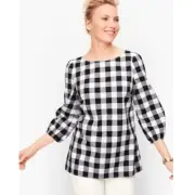 Talbots Top Womens Large Gingham Buffalo Check Shirt Puff Sleeve Plaid Blouse