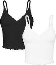 [Sunzel] Tank Top for Women, V Neck Seamless Ribbed Crop Sports Bra with Ruffles