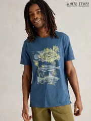 White Stuff Blue Three Fishes 100% Cotton Graphic Print T-Shirt (W26337) | $65