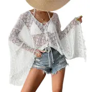 Nevenka Womens Summer Cover Up Long Sleeve Hollow Beach Bikini Swimsuit Tassels Top-White