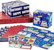 Hallmark Flat Birthday Wrapping Paper Sheets with Cutlines on Reverse (12 Folded Sheets with Sticker Seals) Happy Birthday, Red Confetti, Blue with Cakes