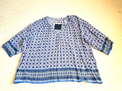 NWT Womens Top-ROSE & RHYME PARAPHRASE-blue/white BOHO peasant tunic 3/4 slv-2X