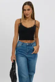 Black Cami Top Ribbon Lace Neck - Size 12M, Women's Singlet
