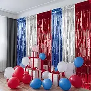 I-MART Red White and Blue Decorations, 3 Pack Tinsel Foil Fringe Curtains 9.84ft x 6.56ft Patriotic Backdrop for 4th of July Party Memorial Independence Labor Day Photo Booth Props