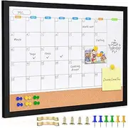 Marribol Monthly Whiteboard Calendar with Cork Board for Wall, 17"x13",Magnetic Dry Erase Board with Black Wood Framed,2-1 Wall Planner Whiteboard, Bulletin Board with Pins for Home, School,Office
