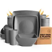 24-piece Plastic Wheat Straw Square Dinnerware Set for 6, Unbreakable Dinner ...