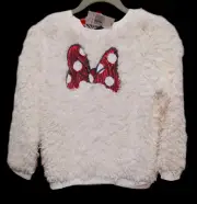 Disney Minnie Mouse Sweater Off White Fuzzy Sherpa Big Red Sequin Bow Top L(14)