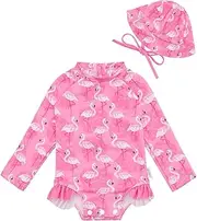 [babygoal] Baby Girls Long Sleeve One Piece Rash Guard Swimsuit with Zipper, UPF 50+ Sun Protection, Flamingo, 12-18 Months
