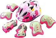 Kids Knee and Elbow Pads Set Knee Pads and Elbow Pads - Roller Skating Protective Helmet | Fluorescent Skateboard Accessories Adjustable for Cycling, Skating