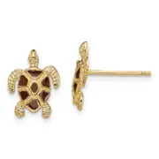 14K Yellow Gold Sea Turtle W/Brown Enamel Shell / Textured Post Earrings