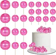 libfrnt 24 PCS Pink Disco Ball Cake Toppers 1970S Mini Disco Ball Cupcake Toppers Decorative Disco Ball Cake Decoration for 70s Disco Theme Birthday Bachelorette Party Accessories