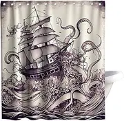 Final Friday Nautical Octopus Monster Sailboat Theme Fabric Nautical Shower Curtain Sets Ocean Bathroom Decor with Hooks Waterproof Washable 72W x 84H inches Retro Colors and Black