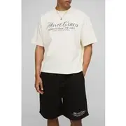 Mens Black Oversized Boxy Heavyweight Slogan T-Shirt & Drop Crotch Short Set