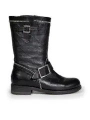 Black Leather Buckle Zip Biker Boots