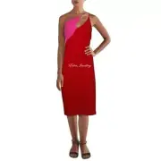 Gorgeous BEBE Parry Cocktail Sheath Dress Spaghetti Strap Red Pink Made in USA L