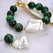 12mm Green Tigers Eye Round Gems White Keshi Baroque Pearl Bracelet Earrings Set