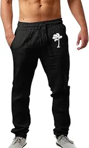 [Generic] Mens Fashion Casual Printed Linen Pocket Lace Up Pants Large Size Pants Men's Twill Pants