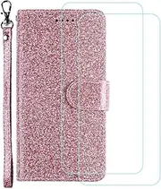 LCEHTOGYE Cover for TCL 505 + 2 Slice HD Tempered Glass,Shell PU BracketBumper Protective Back Case - Anti-Scratch Screen Protector for TCL 505-YSSF - Pink