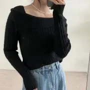 Long-Sleeve Square Neck Plain Ribbed Knit Top Black - One Size