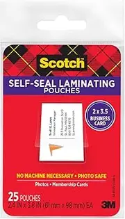Scotch LS851G Self-Sealing Laminating Pouches, 9.5 mil, 2 7/16 x 3 7/8, Business Card Size (Pack of 25)