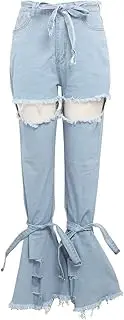 [Generic] Women Perforated Hem Tying Rope Jeans Splicing Denim Bell Bottoms Jean Pants Bell Bottom Flared Denim Pants