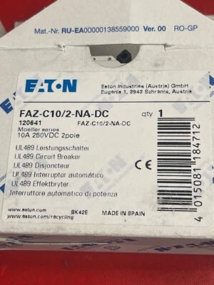 NEW Eaton FAZ-C10/2-NA-DC Miniature Circuit Breaker, 10A 250VDC 2 pole
