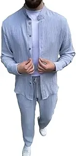 [HanzhuoLG] Men's Fashion Tracksuit Set Solid Color Casual Loose Lapel Long Sleeve Shirts & Pants Two Piece Set X-Large Sky Blue