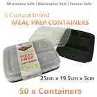 50 x Meal Prep 3 Compartment Food Storage Containers Plastic Microwave Lunch Box