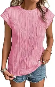 [ELFIN] Womens Round Neck Tshirts Elegant Tops Short Sleeve Casual T-Shirt Plain Tops Summer Loose Blouse, Pink, S