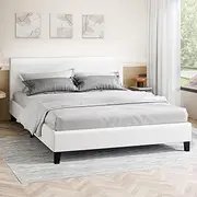 ALFORDSON Bed Frame Bed Base Double Size, Mattress Platform with Wooden Slats & Adhesive Velcro Strips, Mattress Foundation 320kg Capacity, PU Leather White
