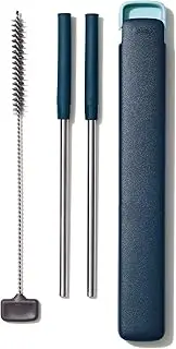 OXO Good Grips Stainless Steel 4 Piece Reusable Straw Set with Case - Blue/Green 10.5