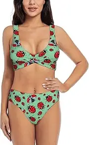 [EdWal] Red Ladybugs On A Blue Background Print Bikini Set for Women Halter Strapless Ruched Color Block Trim Swimsuit 2 Piece for Women