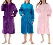 Women Zipper Robe House Coat Lounger Zip Up Robe Full Length Satin Trim Ladies