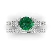 2.72 Round Cut Marquise 3 stone Emerald Ring bridal Set 14k White Solid Gold