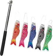 Leefasy 5Pcs Japanese Carp Flags Koinobori Hanging Decor Durability, Japanese Carp Windsock Streamer for Lawn Patio Yard Garden