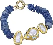 LAnGSHAW Natural Blue Kyanites Rough Cultured White Pearl Blue Larimars Bracelet for Women