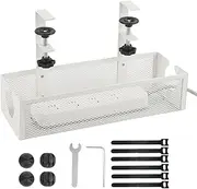 Under Desk Cable Management Tray, Metal Long Arms(3.9in), No Drill Mesh Desk Cable Tray, Wire Management Tray Cable Management Box for Office, Desk Cable Tray Wire Organizer, 1 Pack, White