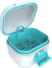 ARGOMAX Leak Proof Denture Bath Cup, Portable Soaking Denture Box, Denture Bath Case with Strainer, for Dentures and Braces (White + Cyan).
