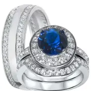His Her Silver Wedding Rings TRIO Set