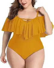 [GDYJP] Plus Size One Piece Swimsuits for Women Off Shoulder Flounce Bathing Suits Ruffle Tummy Control Swim Suits (Color : Yellow, Size : 3X-Large)