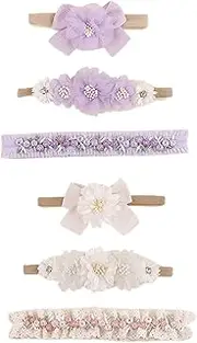 Baby Girl Headbands, 6PCS Soft Nylon Elastic Hairbands with Flowers – Newborn Infant Toddler Hair Accessories Gift Set (Style 2, 1 Count (Pack of 6))